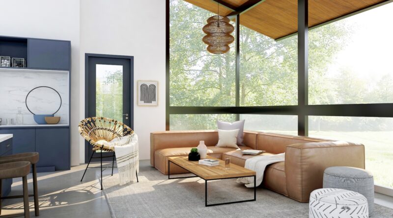 living room with brown sofa and glass window
